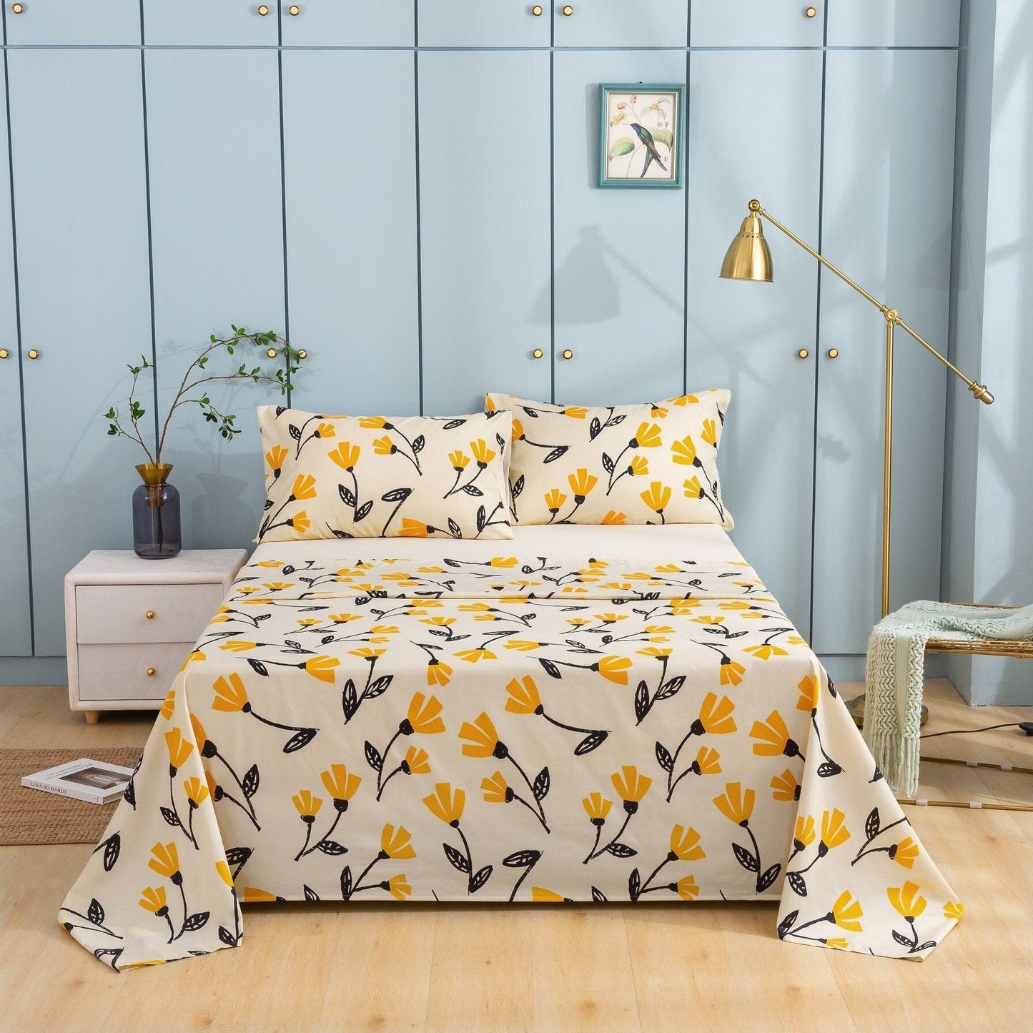 DaDa Bed in a Bag Bundle Set - Yellow Fleur Botanical Ivory Tan Floral Bedding Set (18112)
