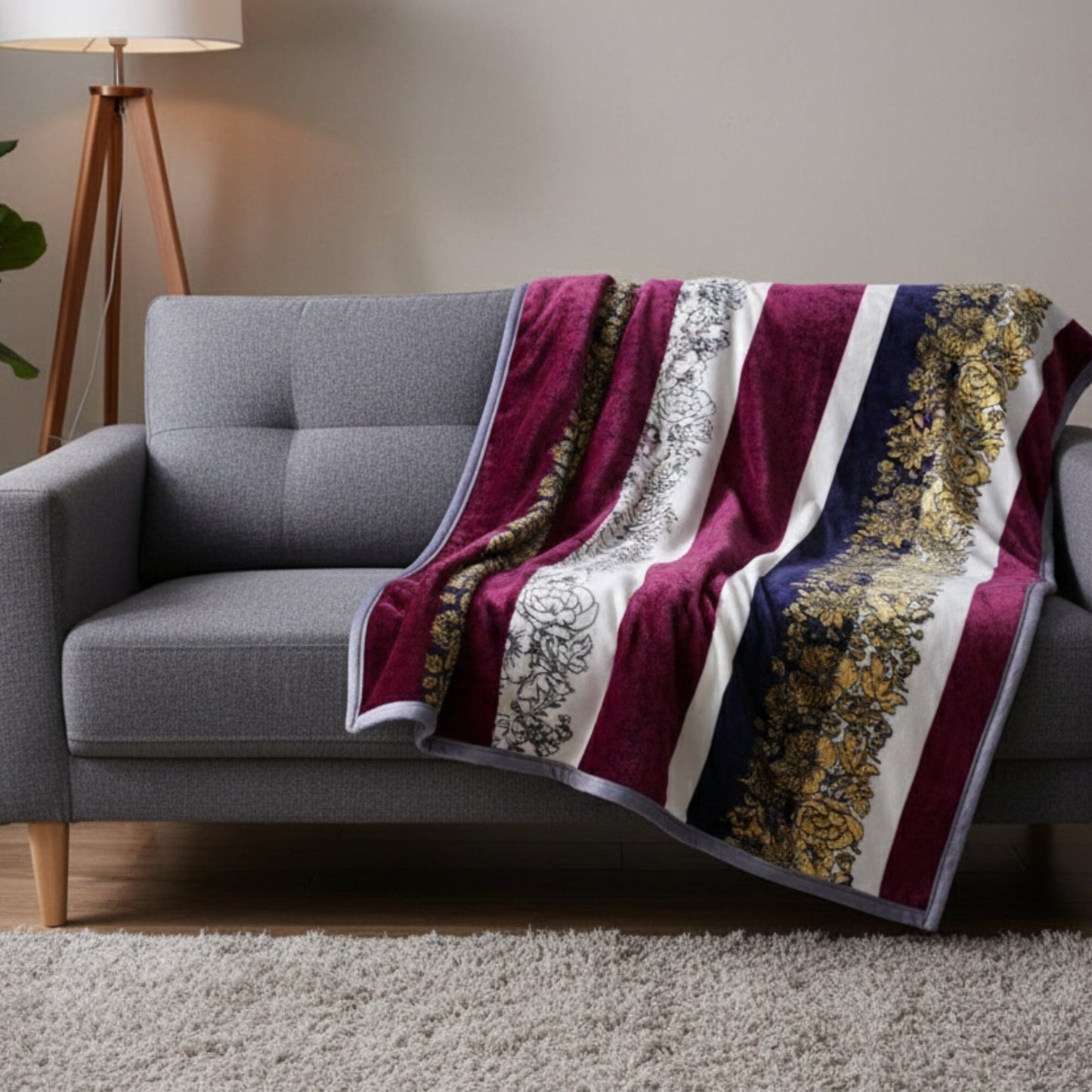 DaDa Bedding Botanical Floral Striped Carnations Mink Flannel Fleece Throw Blanket (XY9829)