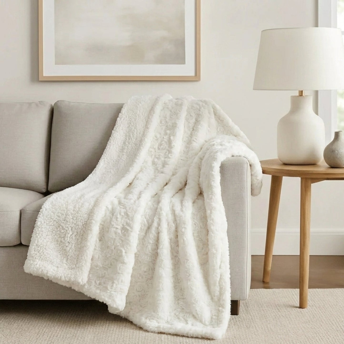 DaDa Bedding Luxury White Roses Fluffy Soft Sherpa Backside Faux Fur Throw Blanket (K11)