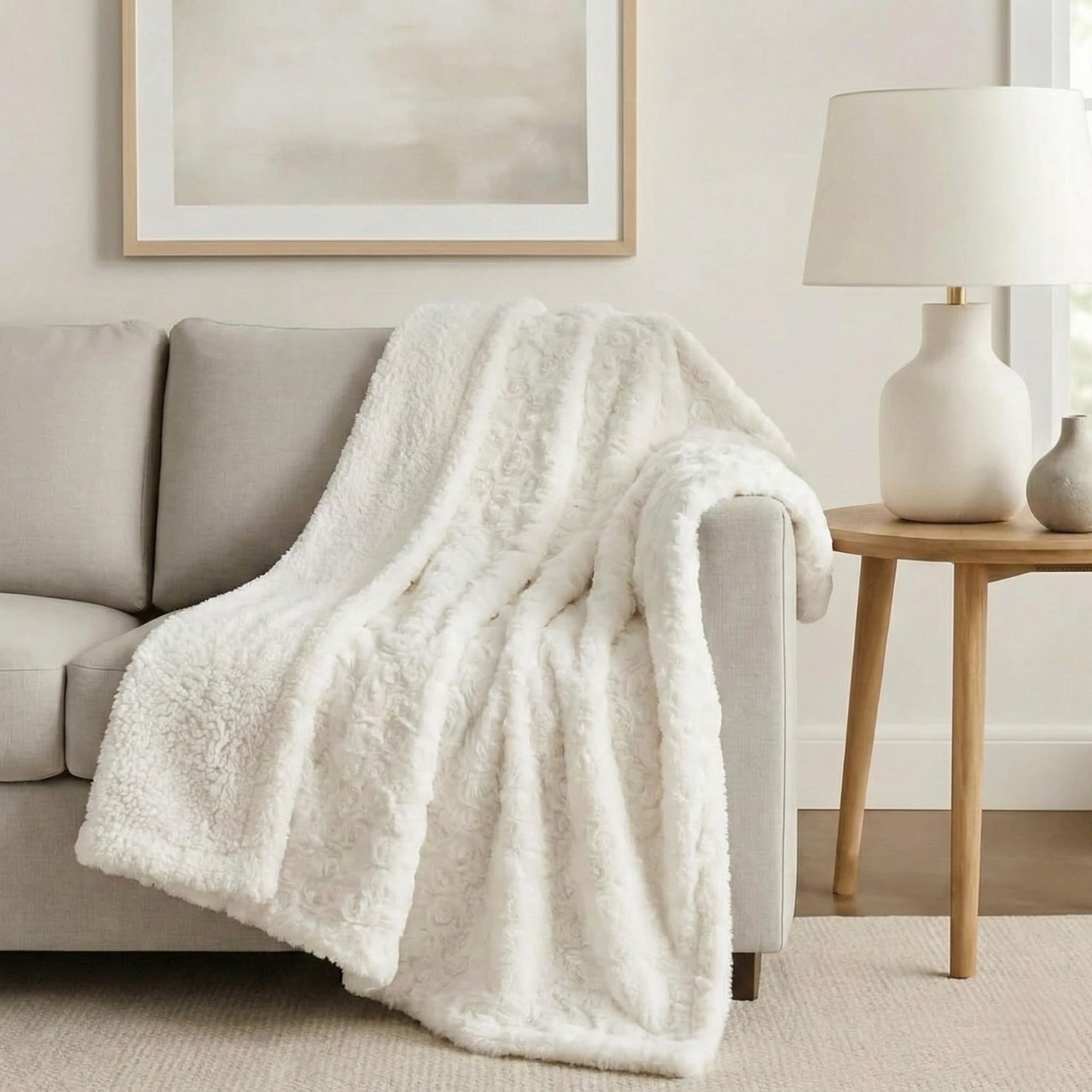 DaDa Bedding Luxury White Roses Fluffy Soft Sherpa Backside Faux Fur Throw Blanket (K11)